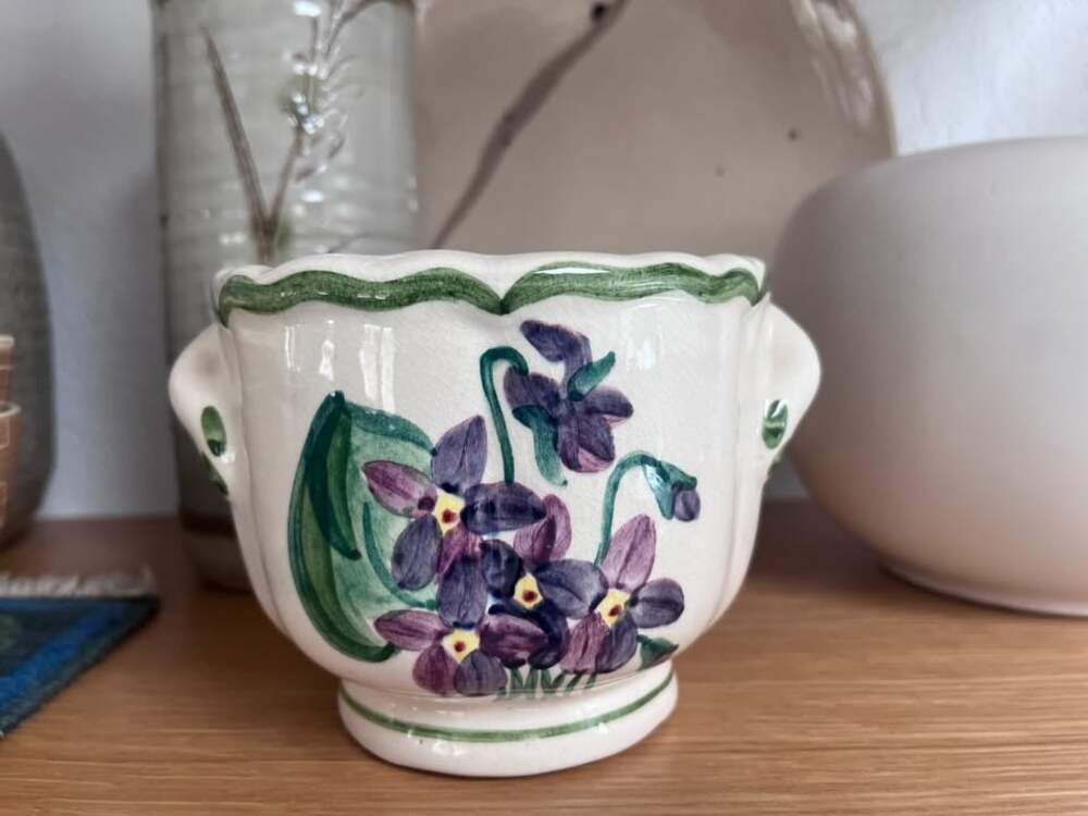Vintage Ceramic Violet Planter Hand Painted Purple Floral Cachepot Pots 2-Handle